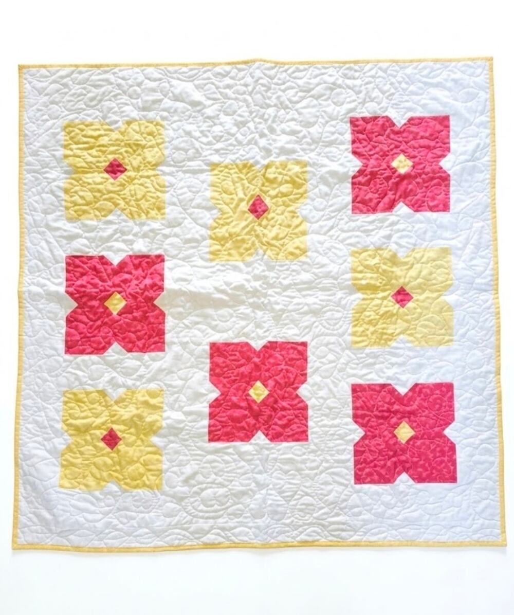 Handmade Baby Quilt  9 Block Modern Flower Nursery Decor Pink Yellow 42" X 42"